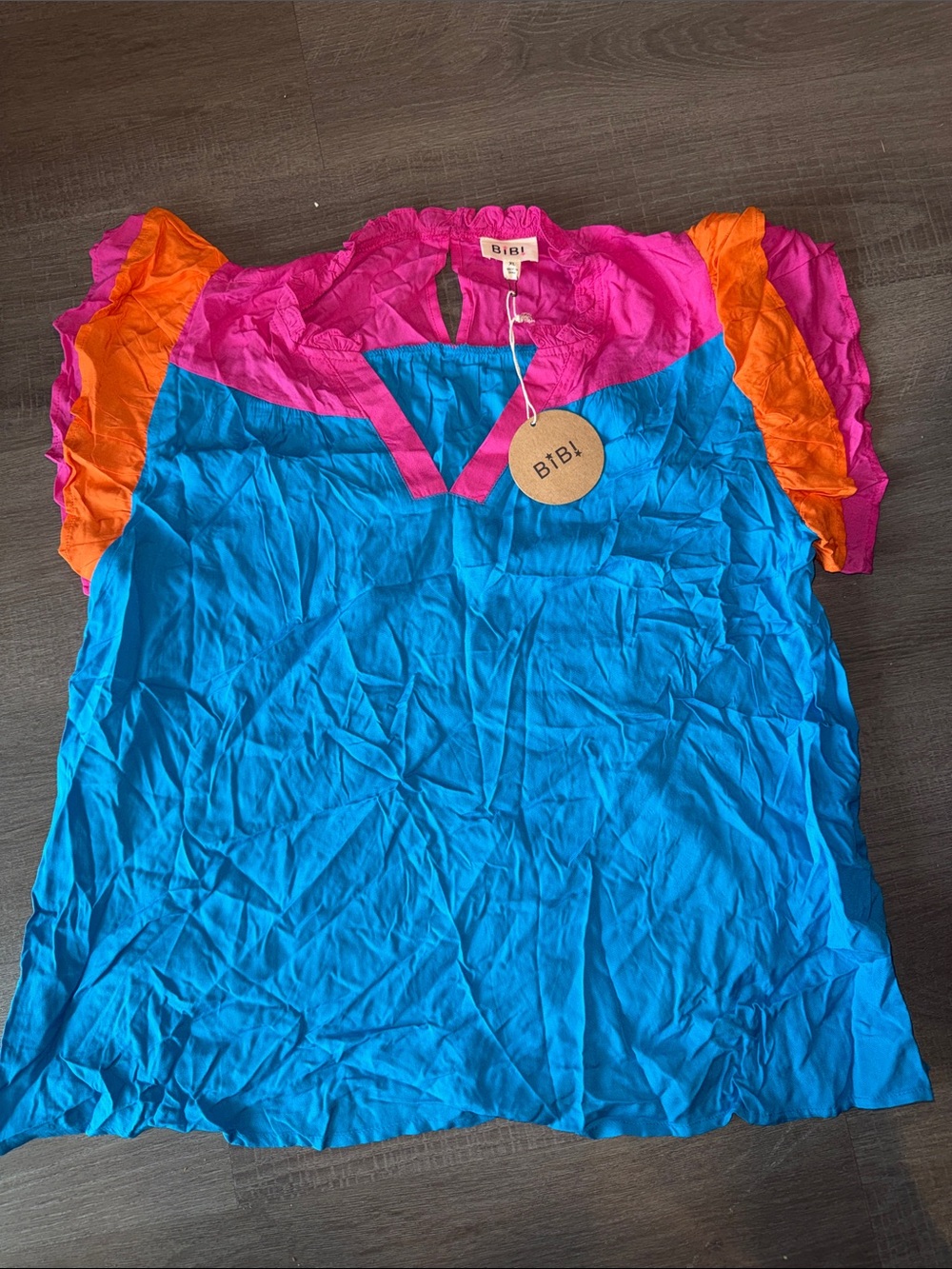BiBi Colorblock Ruffle Sleeve Top  NWT - XL